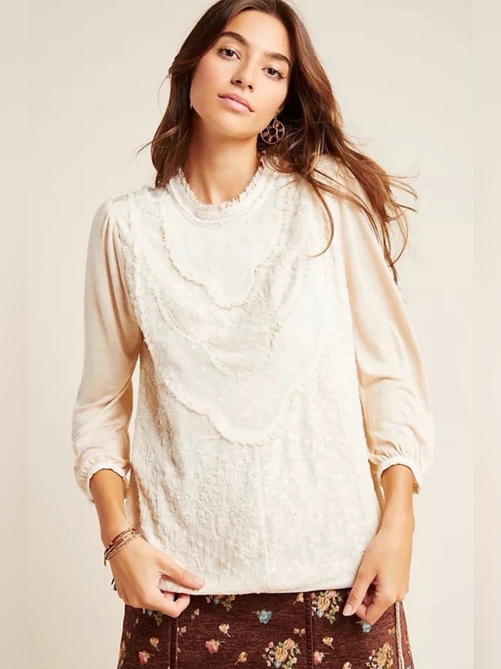 Anthropologie Tiny Finja Embroidered Lace Ruffle Ivory Blouse